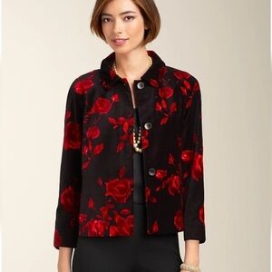 Talbots Black and Red Rose Print Velvet Jacket, Size 8P